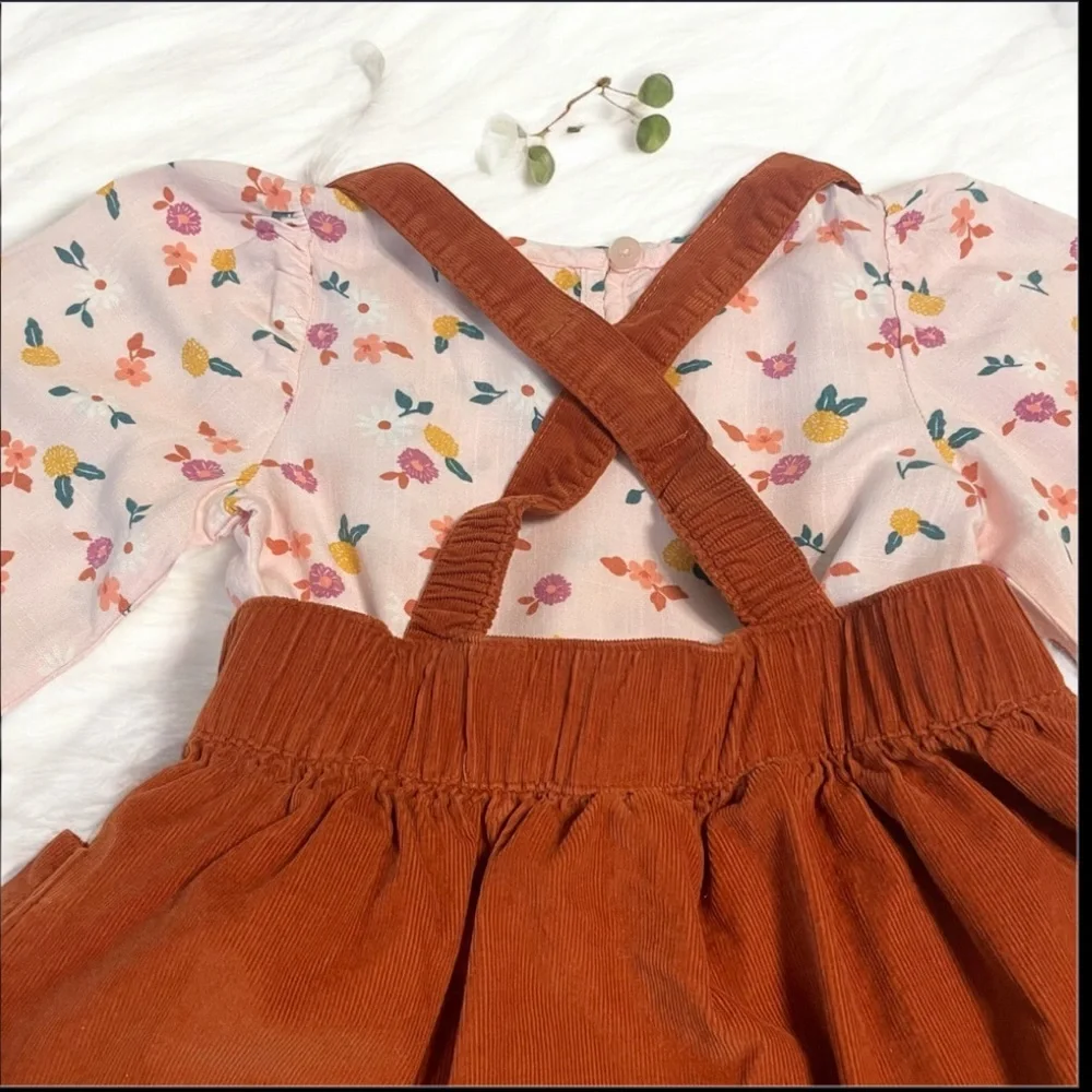 Cat & Jack Floral Top with A Rusty Brown Corduroy Suspender Skirt